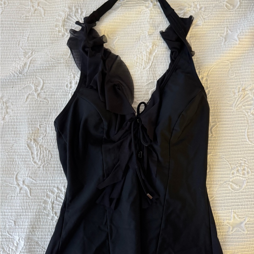 Women’s Black Ruffle Halter Tankini Top